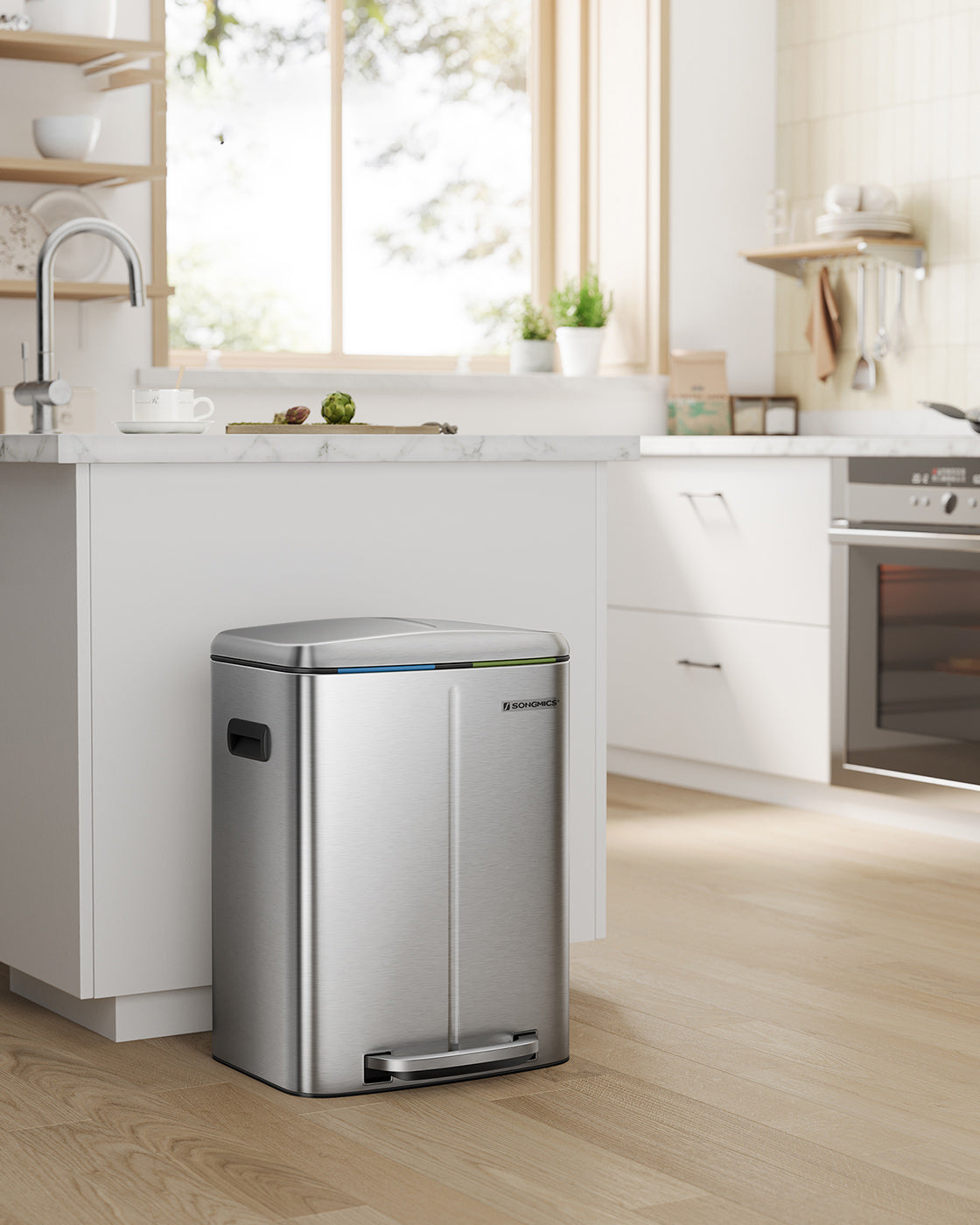 Steel Step-Open Trash Can - Steel Bin and Plastic - Silver