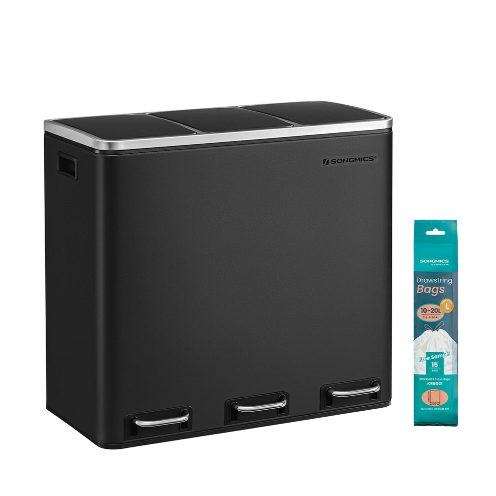 Triple Trash Can - Steel and PP Plastic Inner Bucket - Black