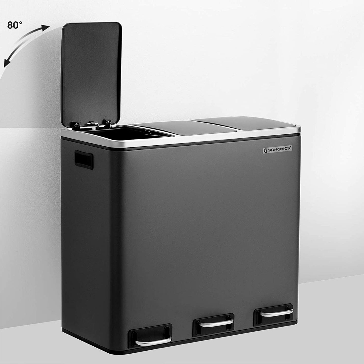 Triple Trash Can - Steel and PP Plastic Inner Bucket - Black