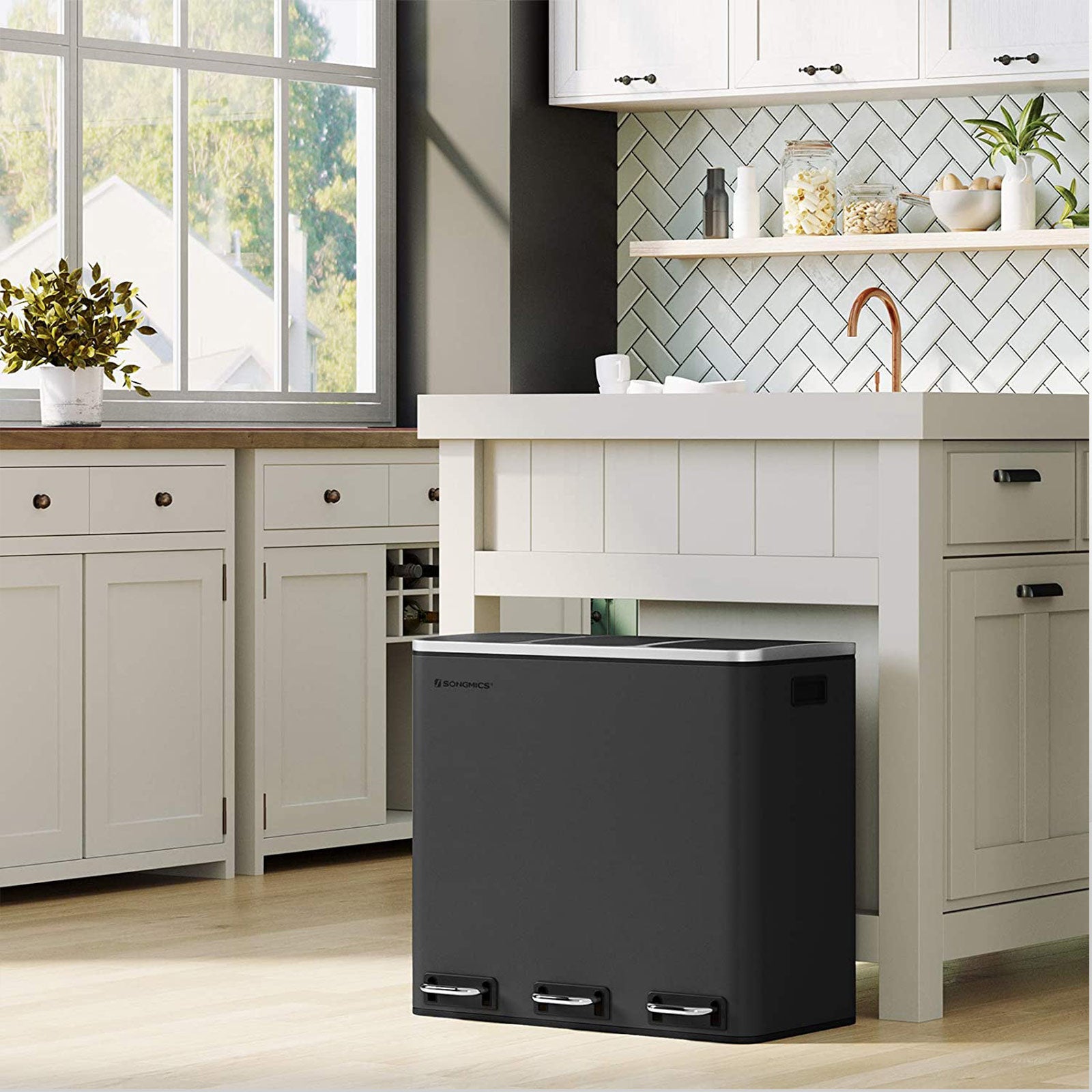 Triple Trash Can - Steel and PP Plastic Inner Bucket - Black