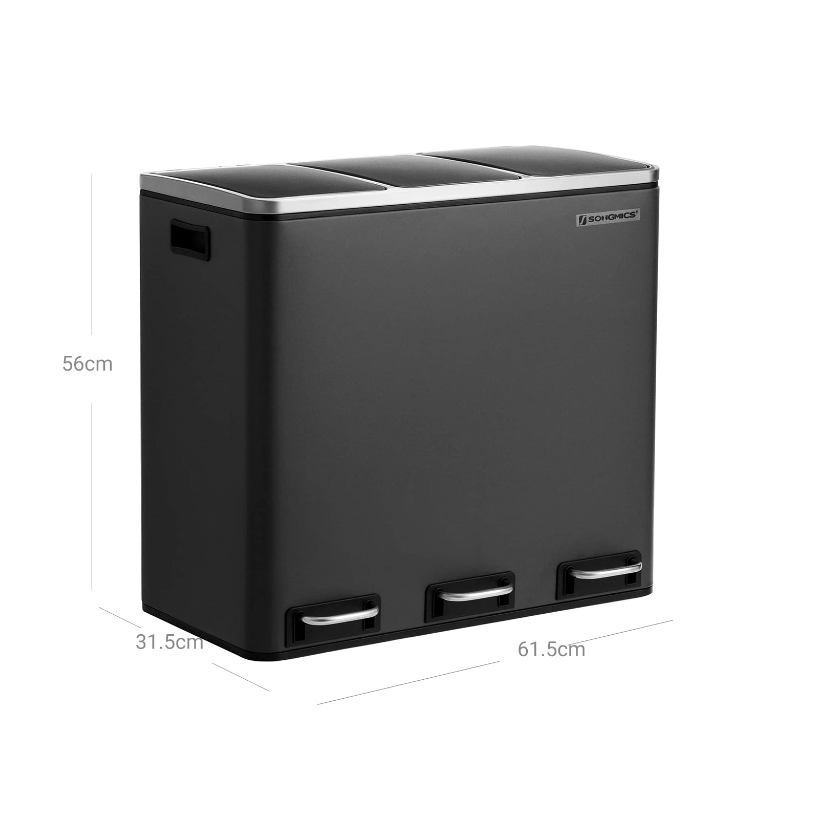 Triple Trash Can - Steel and PP Plastic Inner Bucket - Black