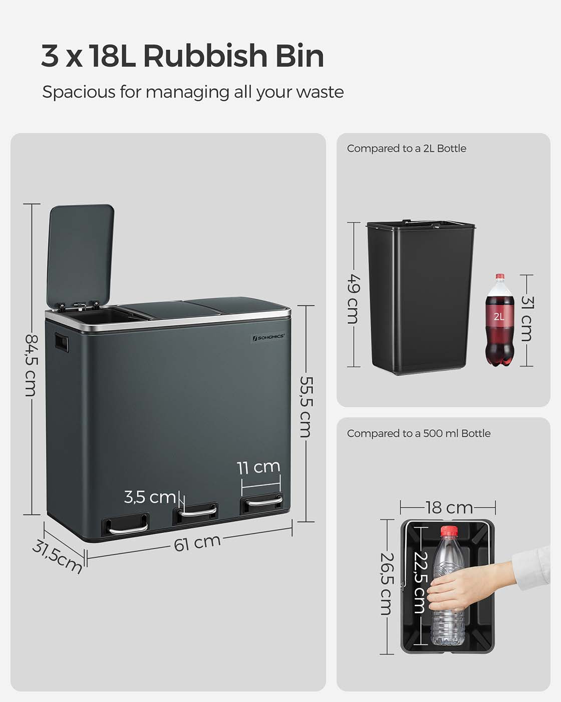 Kitchen Rubbish Bin - Steel and PP Plastic Inner Bucket - Smoky