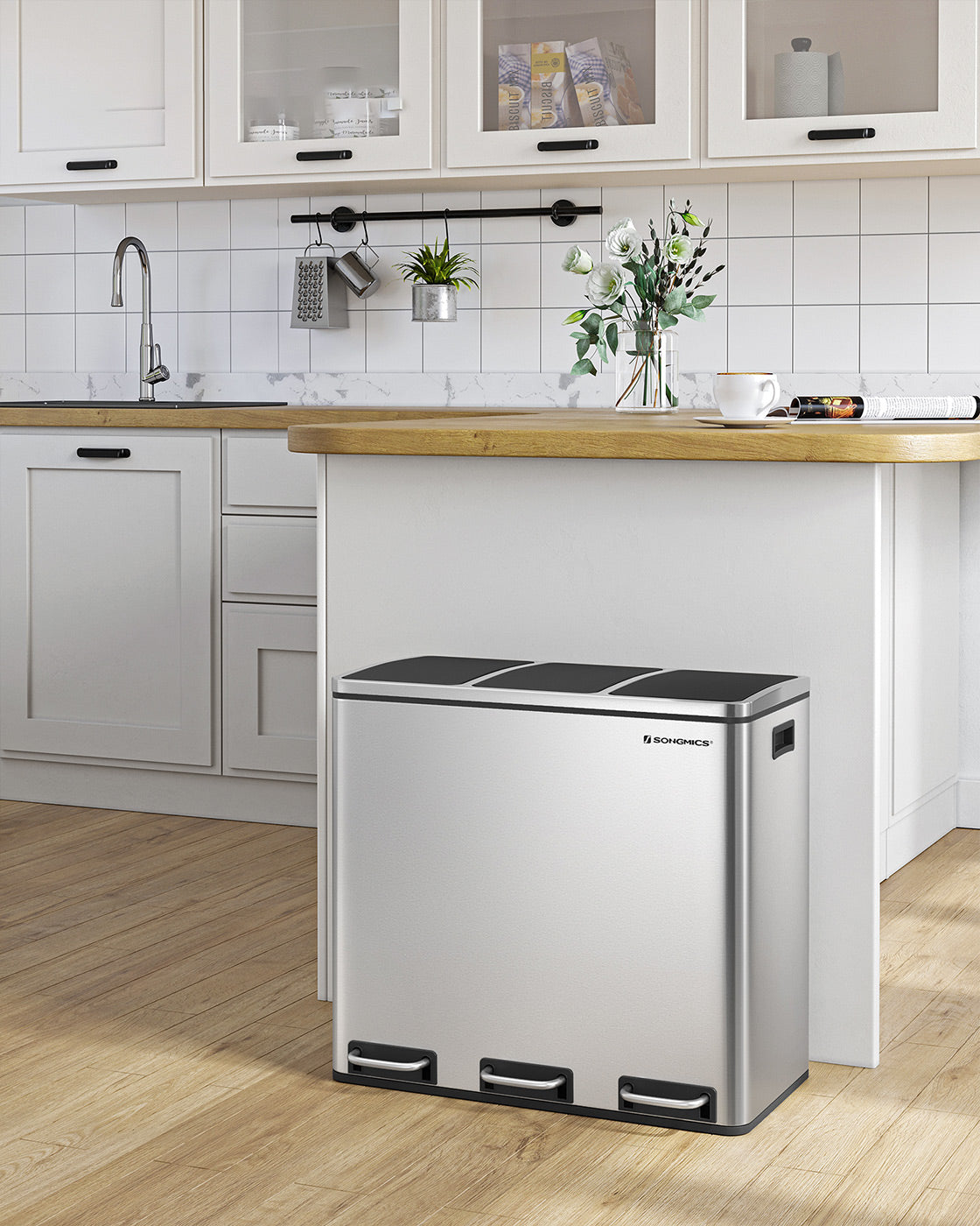 3 Compartments Dustbin - Stainless Steel and Plastic Inner Bucket - Silver