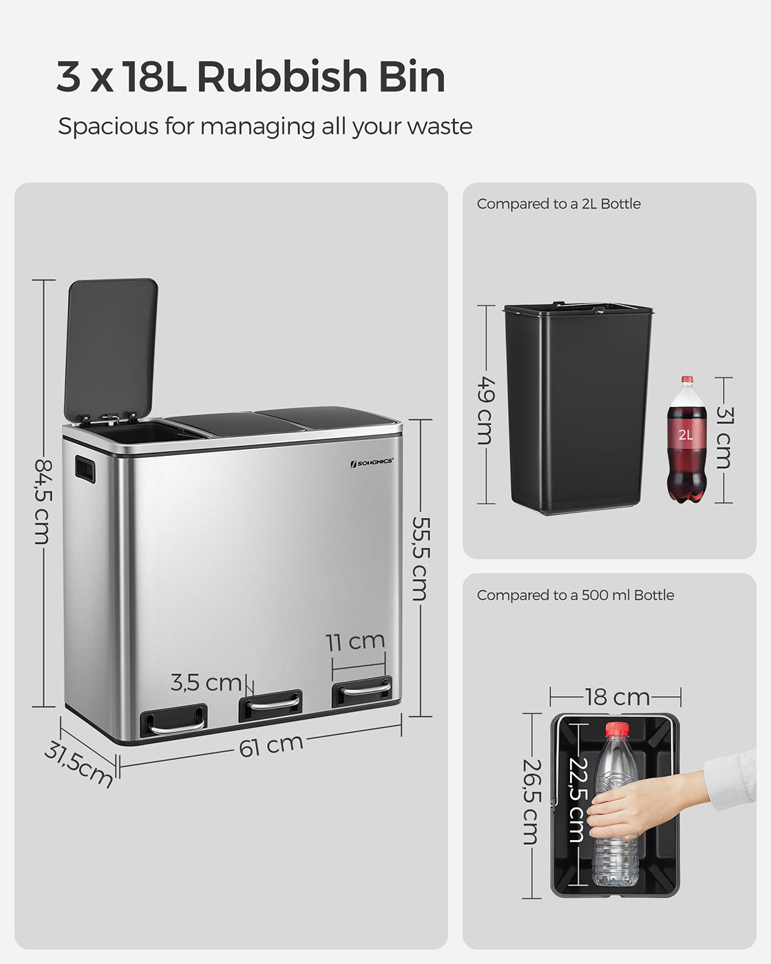3 Compartments Dustbin - Stainless Steel and Plastic Inner Bucket - Silver
