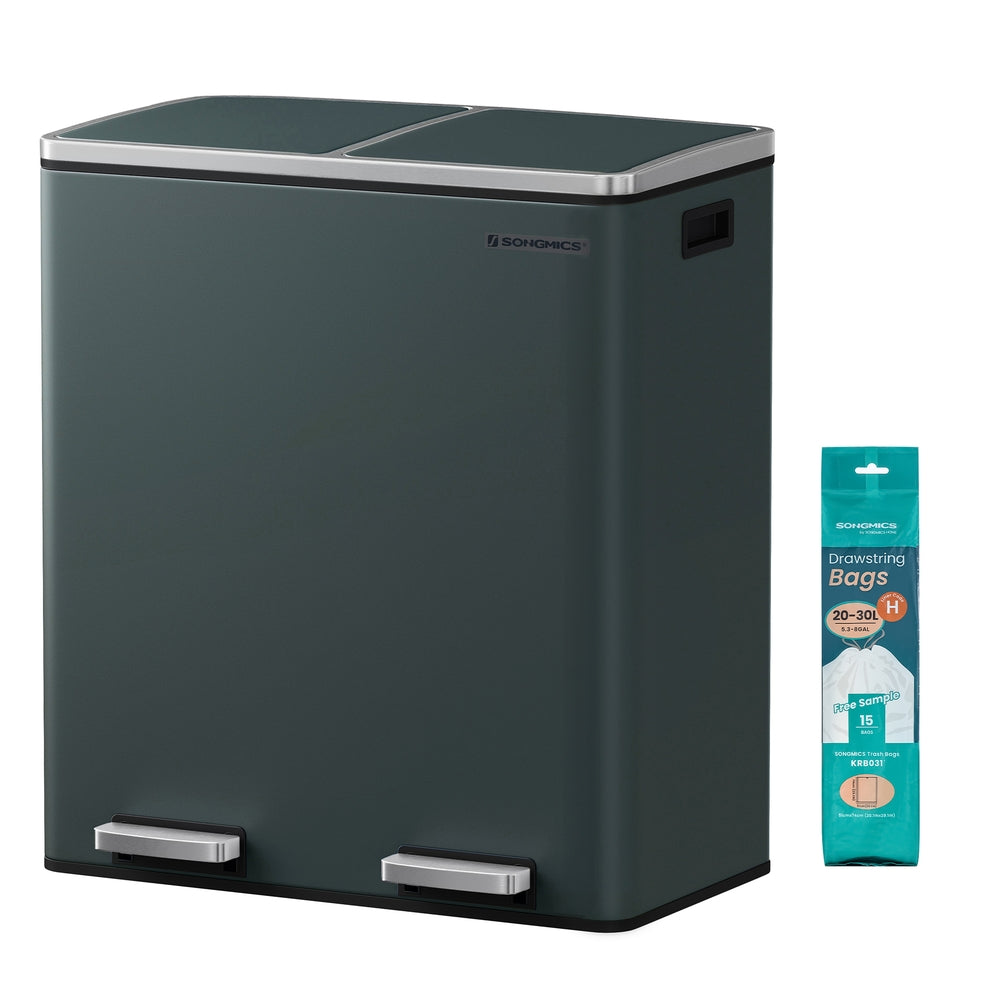 Double Trash Can - Steel Bin and Plastic Inner Bucket - Greenish-gray