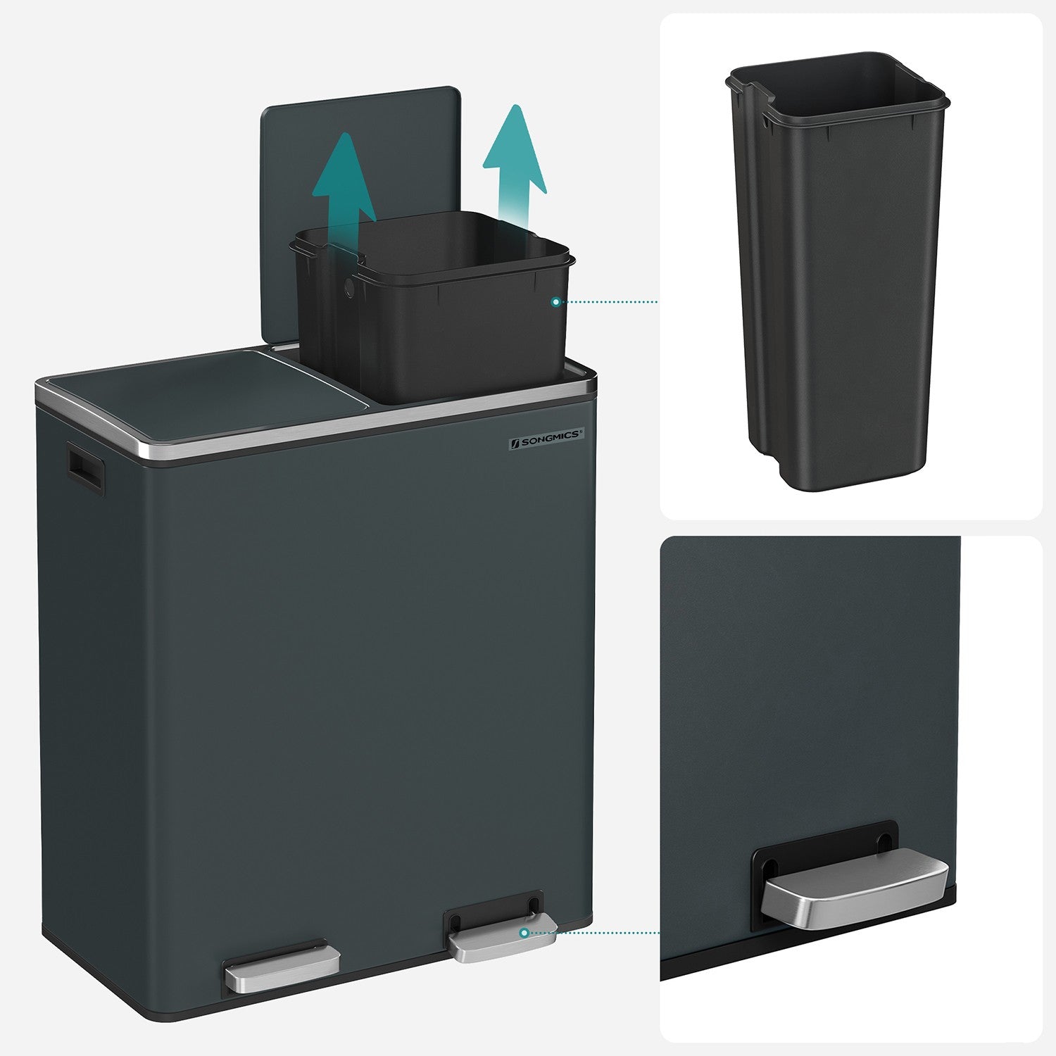 Double Trash Can - Steel Bin and Plastic Inner Bucket - Greenish-gray