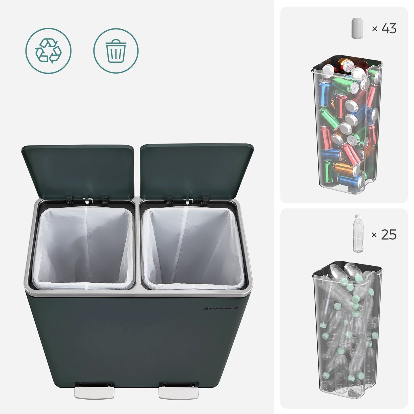 Double Trash Can - Steel Bin and Plastic Inner Bucket - Greenish-gray