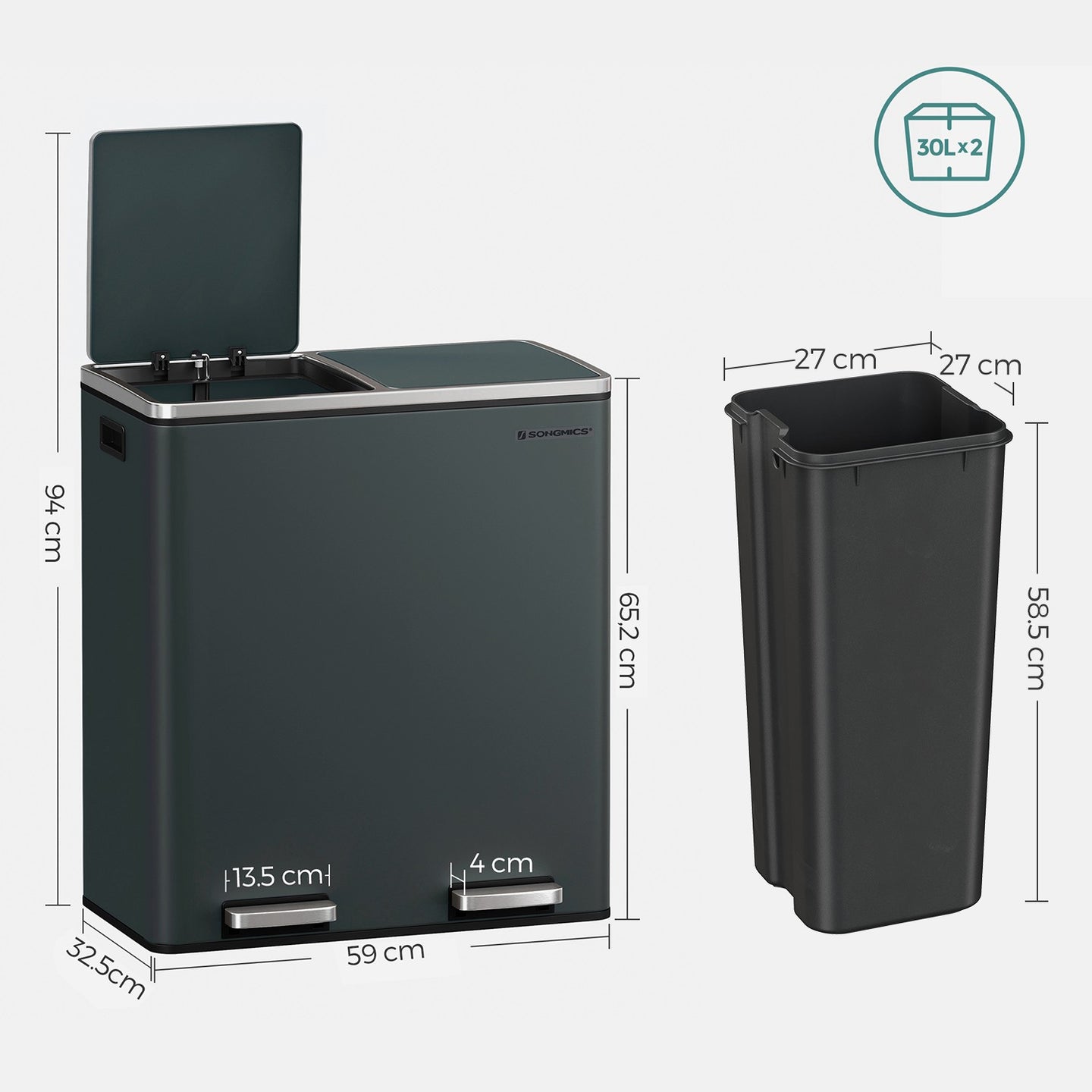 Double Trash Can - Steel Bin and Plastic Inner Bucket - Greenish-gray