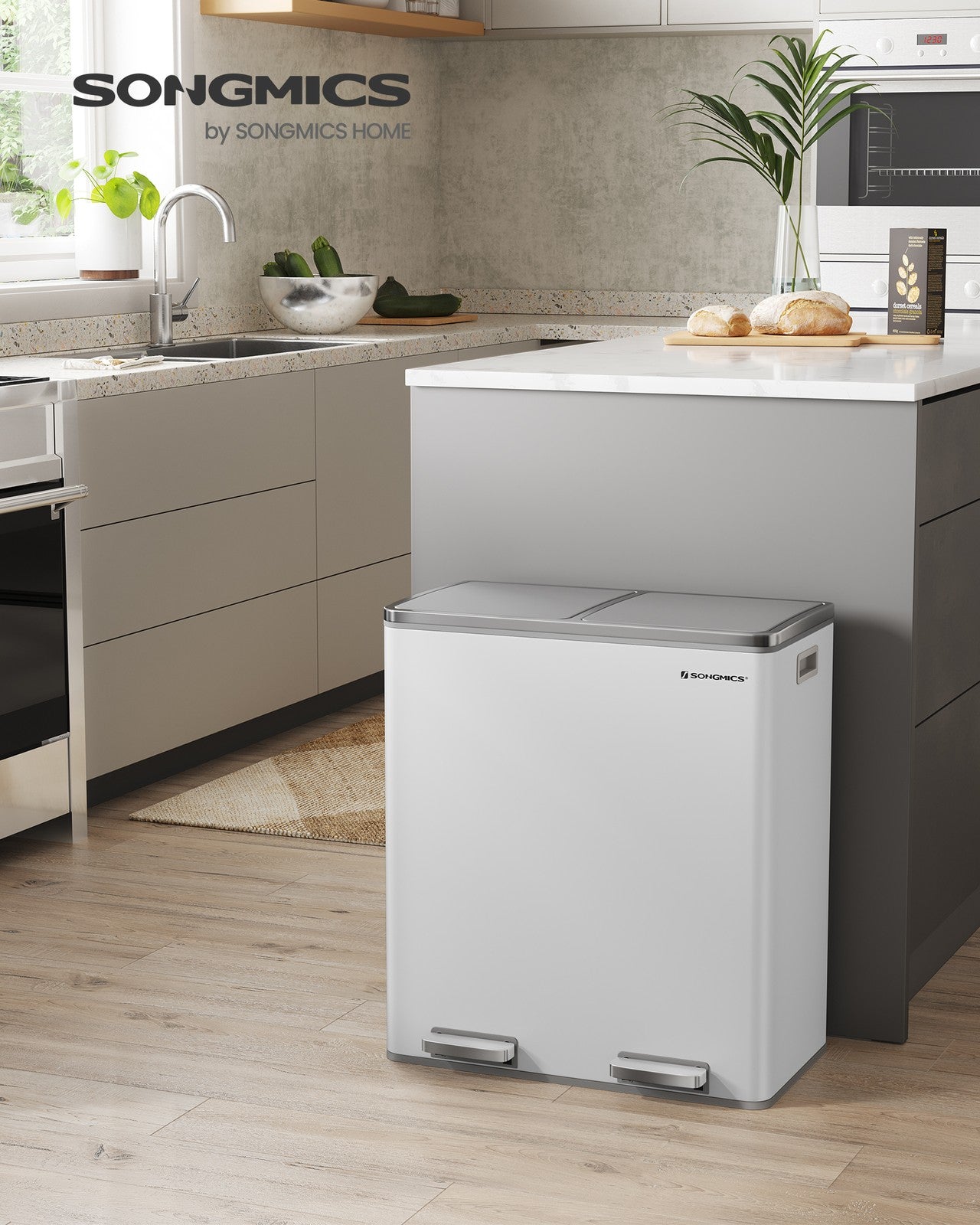 Dual Step Trash Can - Powder-Coated Steel Bin - White