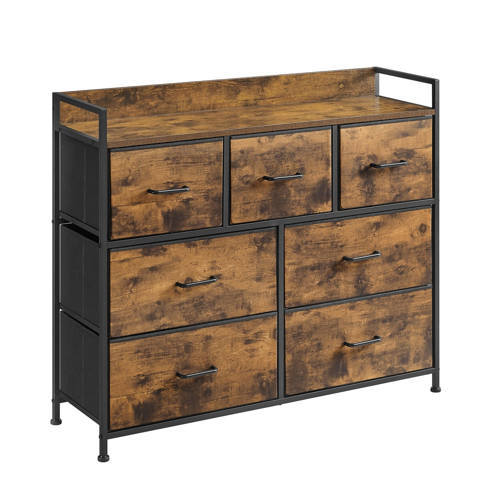 Chest of Drawers 7 Fabric Drawers - Wood Top and Steel - Rustic Brown and Ink Black - with Handles