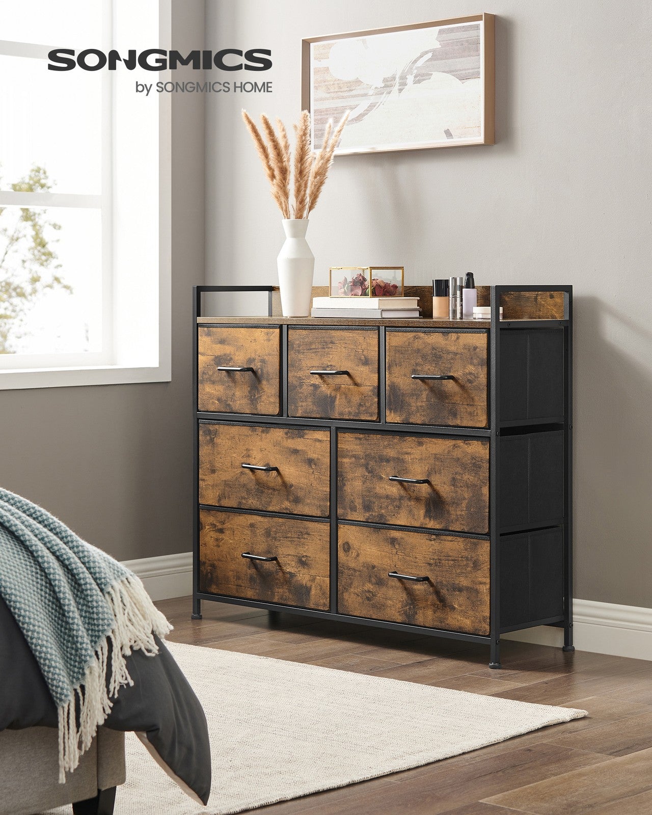 Chest of Drawers 7 Fabric Drawers - Wood Top and Steel - Rustic Brown and Ink Black - with Handles