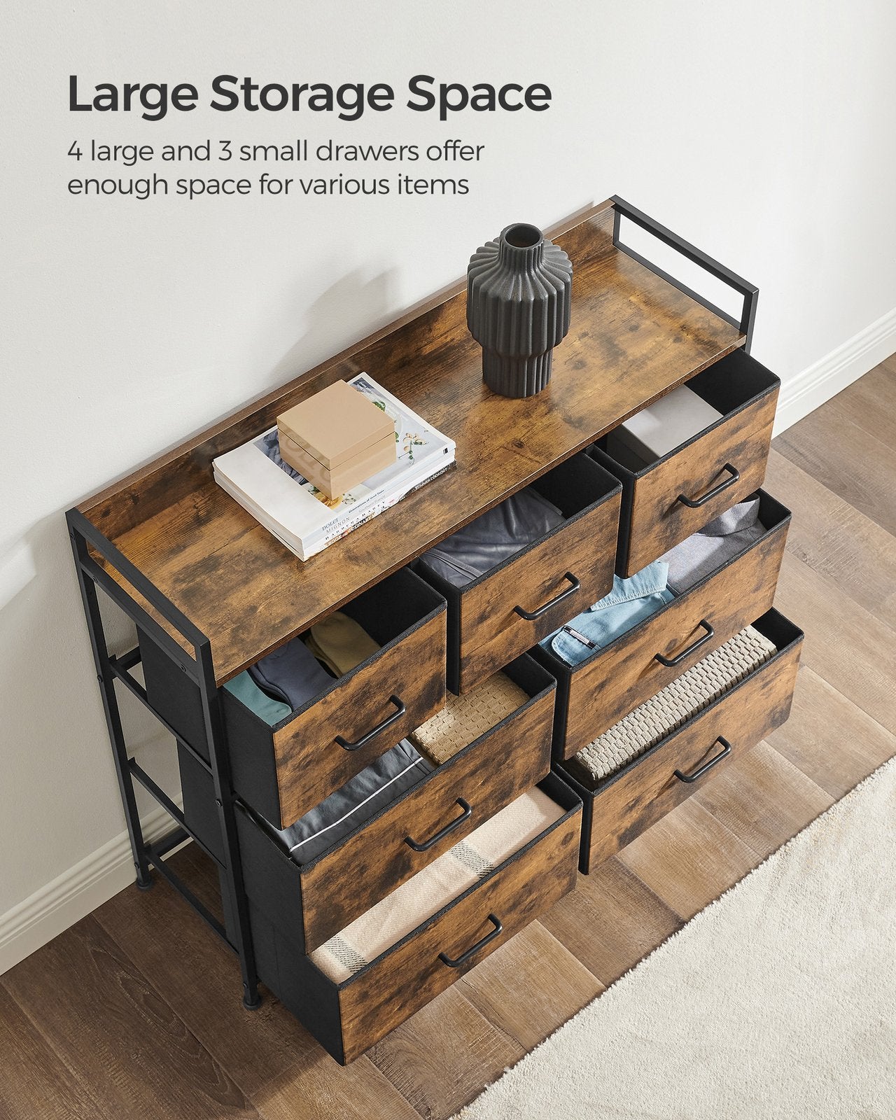 Chest of Drawers 7 Fabric Drawers - Wood Top and Steel - Rustic Brown and Ink Black - with Handles
