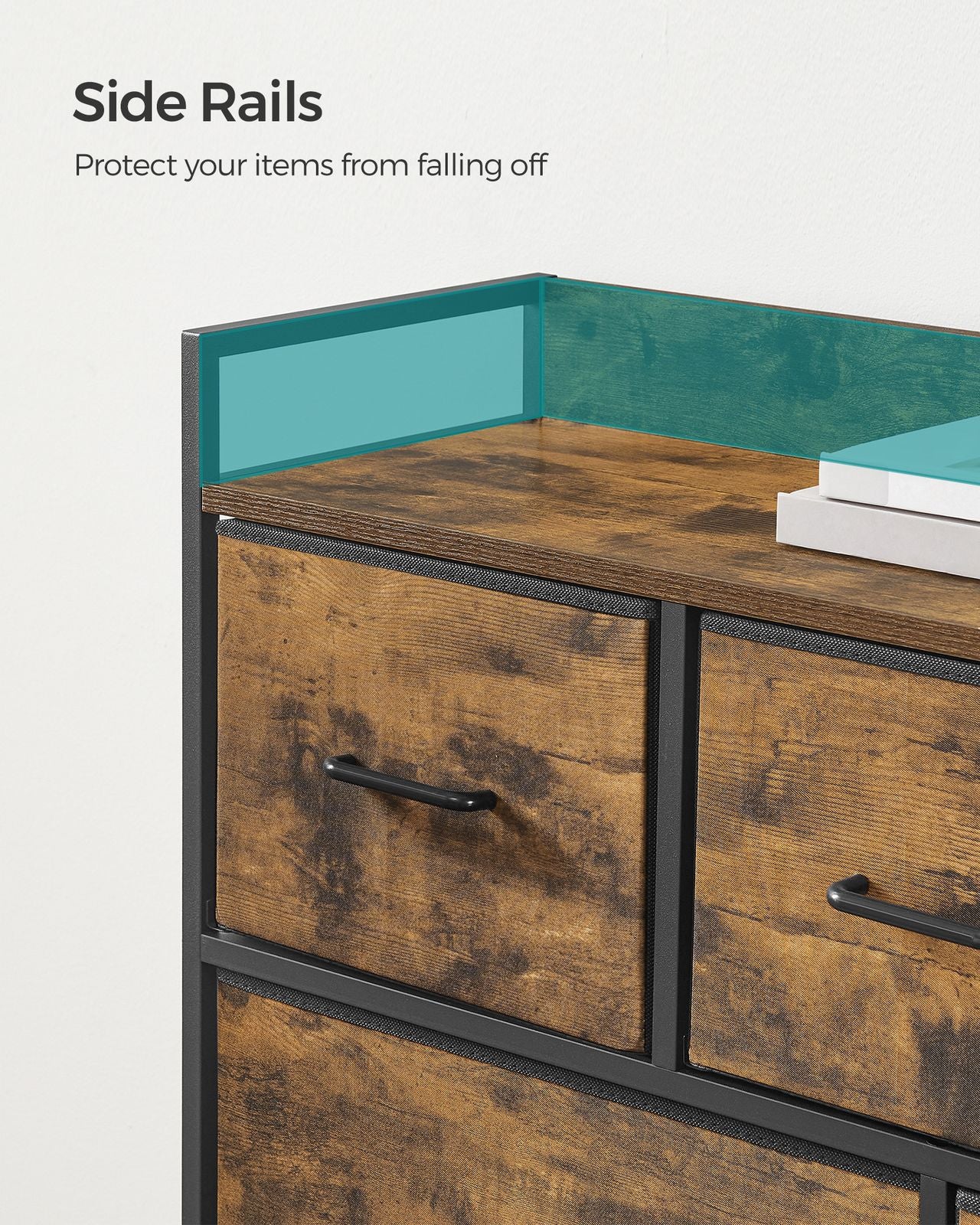 Chest of Drawers 7 Fabric Drawers - Wood Top and Steel - Rustic Brown and Ink Black - with Handles