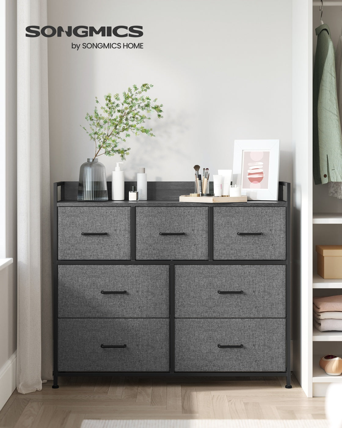 Chest of Drawers, 7 Drawers, Grey - Wood Top and Steel - Slate Grey
