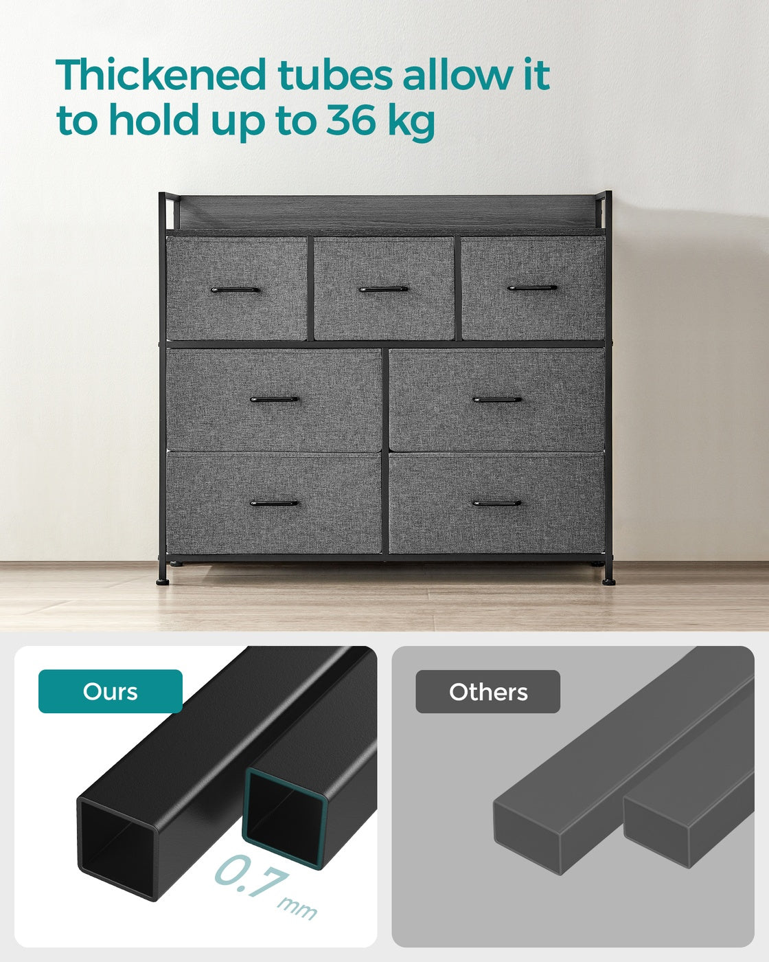 Chest of Drawers, 7 Drawers, Grey - Wood Top and Steel - Slate Grey