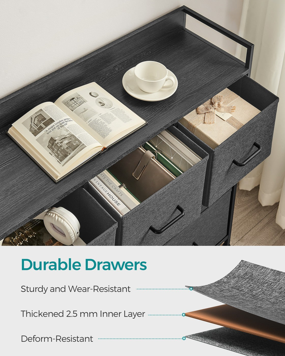 Chest of Drawers, 7 Drawers, Grey - Wood Top and Steel - Slate Grey