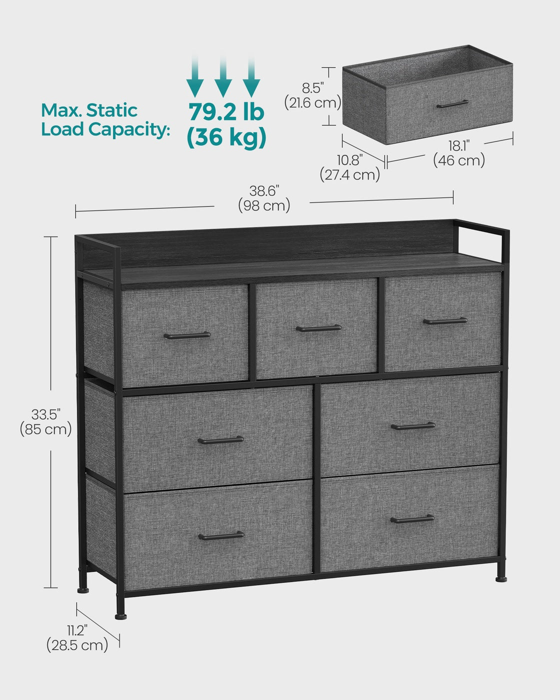 Chest of Drawers, 7 Drawers, Grey - Wood Top and Steel - Slate Grey