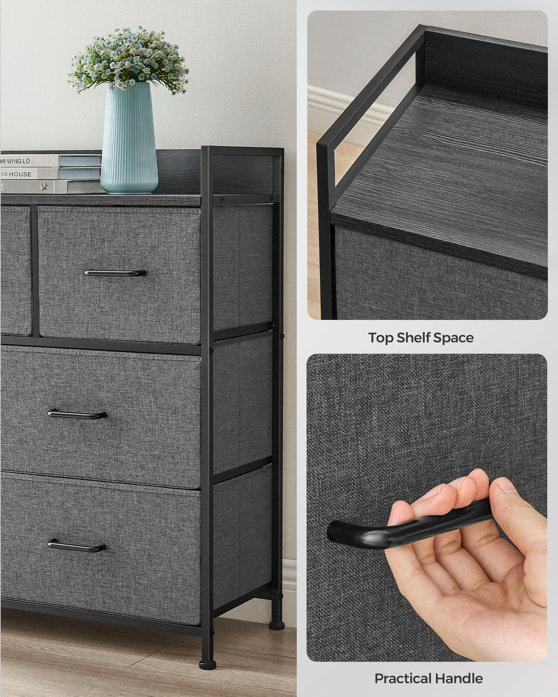 Chest of Drawers, 7 Drawers, Grey - Wood Top and Steel - Slate Grey