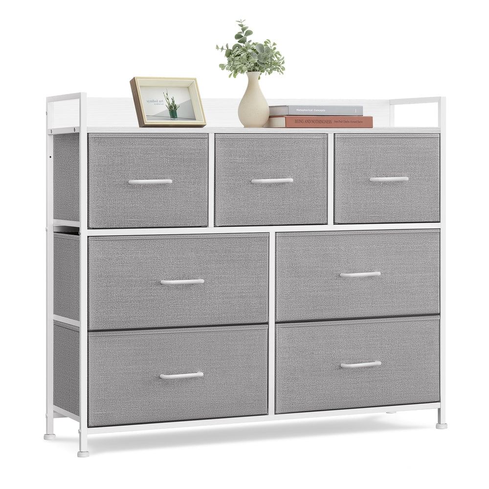 Chest of 7 Drawers - Wood Top and Steel - Dove Grey and Cloud White