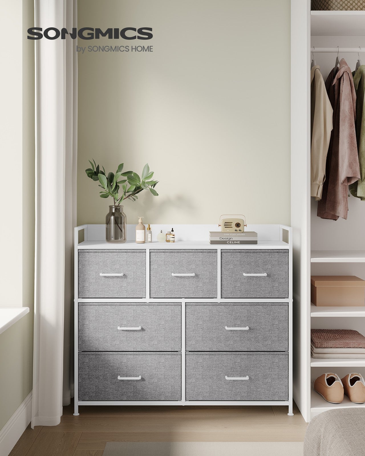 Chest of 7 Drawers - Wood Top and Steel - Dove Grey and Cloud White