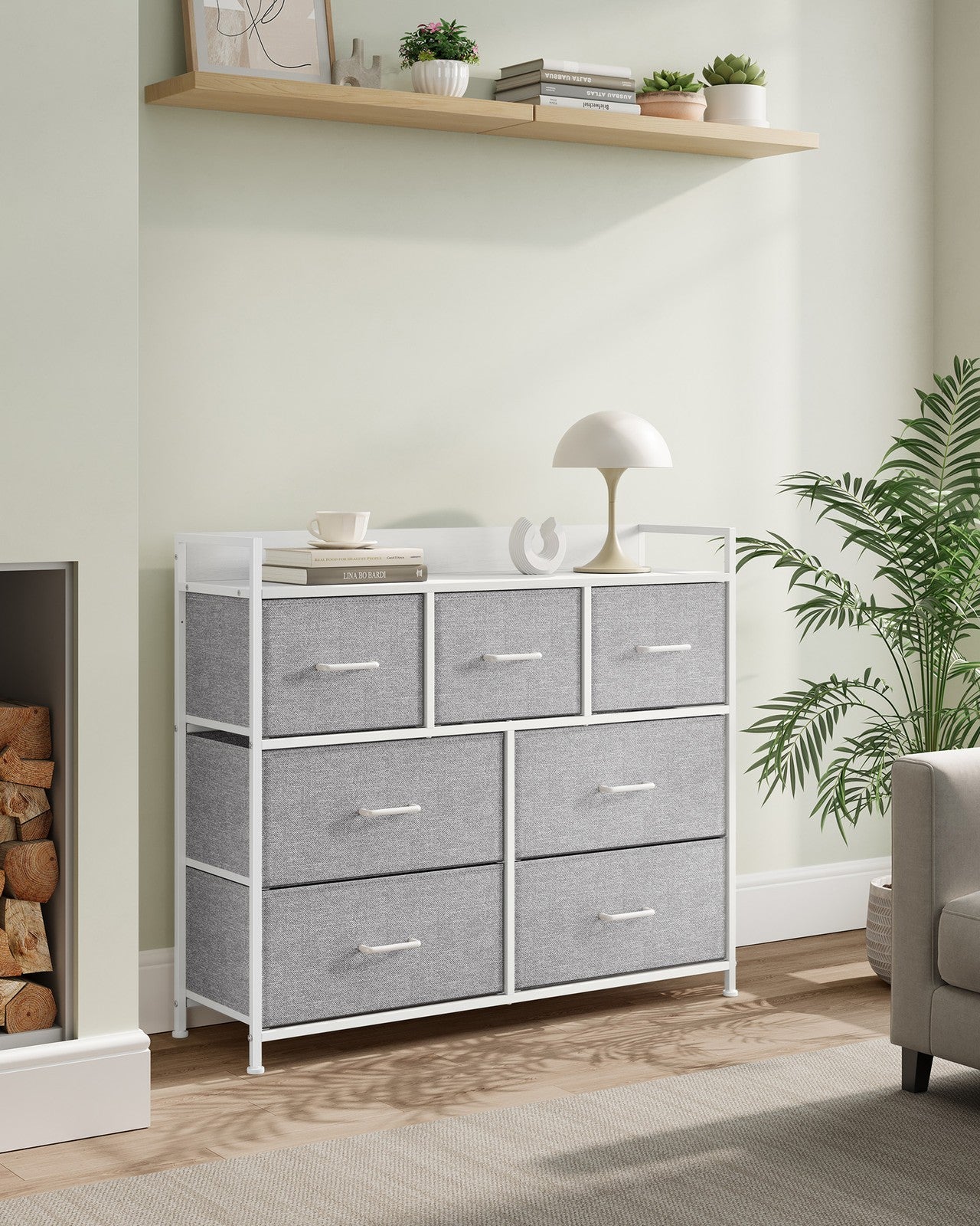 Chest of 7 Drawers - Wood Top and Steel - Dove Grey and Cloud White