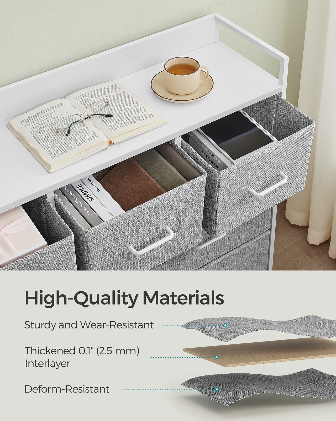 Chest of 7 Drawers - Wood Top and Steel - Dove Grey and Cloud White