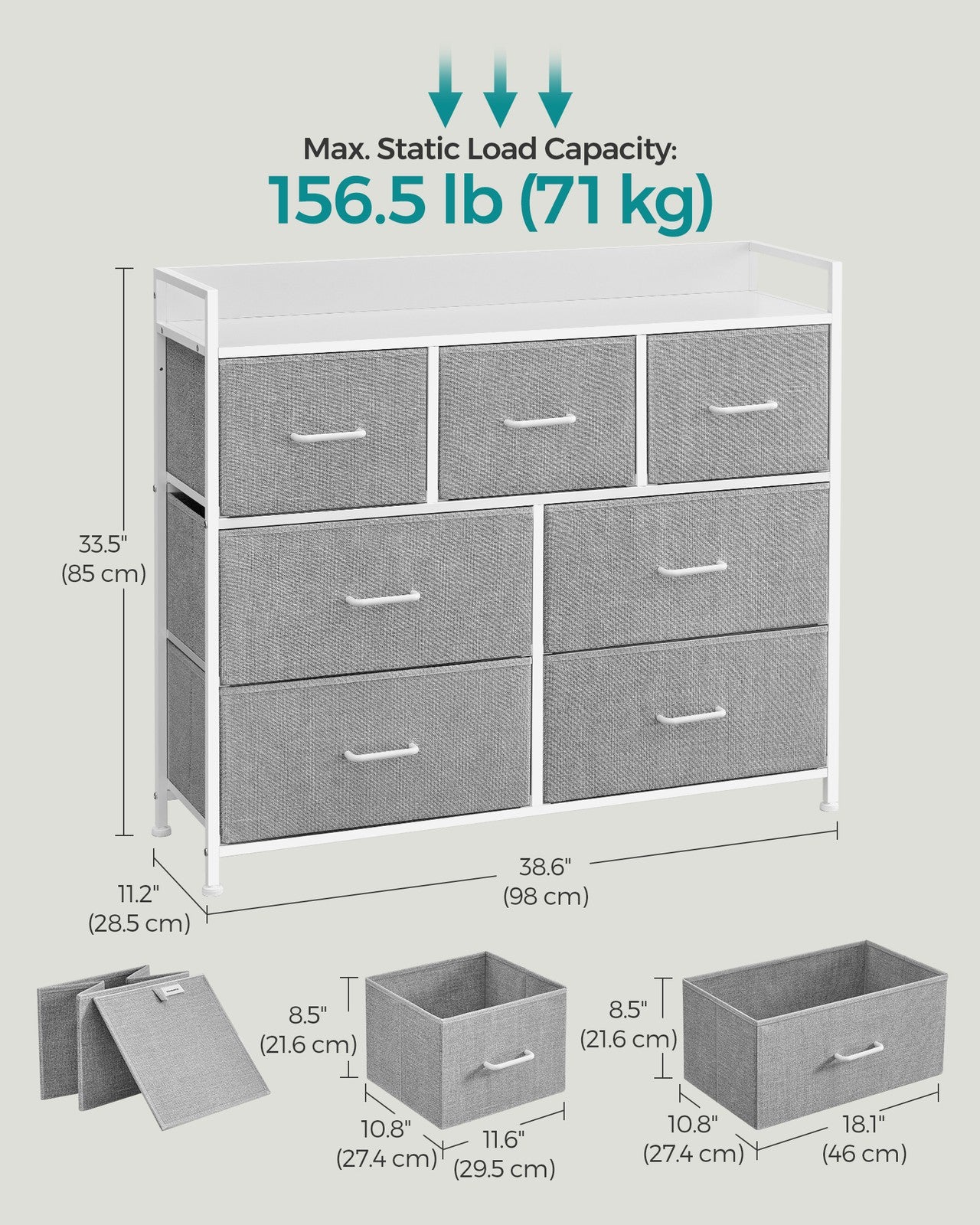 Chest of 7 Drawers - Wood Top and Steel - Dove Grey and Cloud White