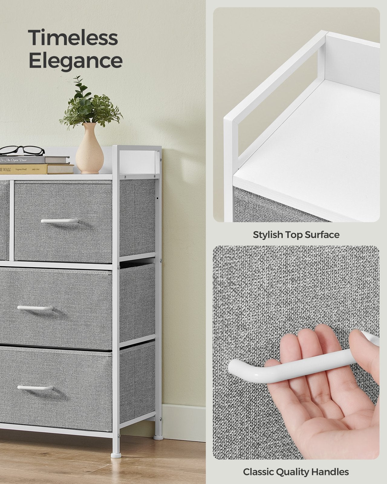 Chest of 7 Drawers - Wood Top and Steel - Dove Grey and Cloud White