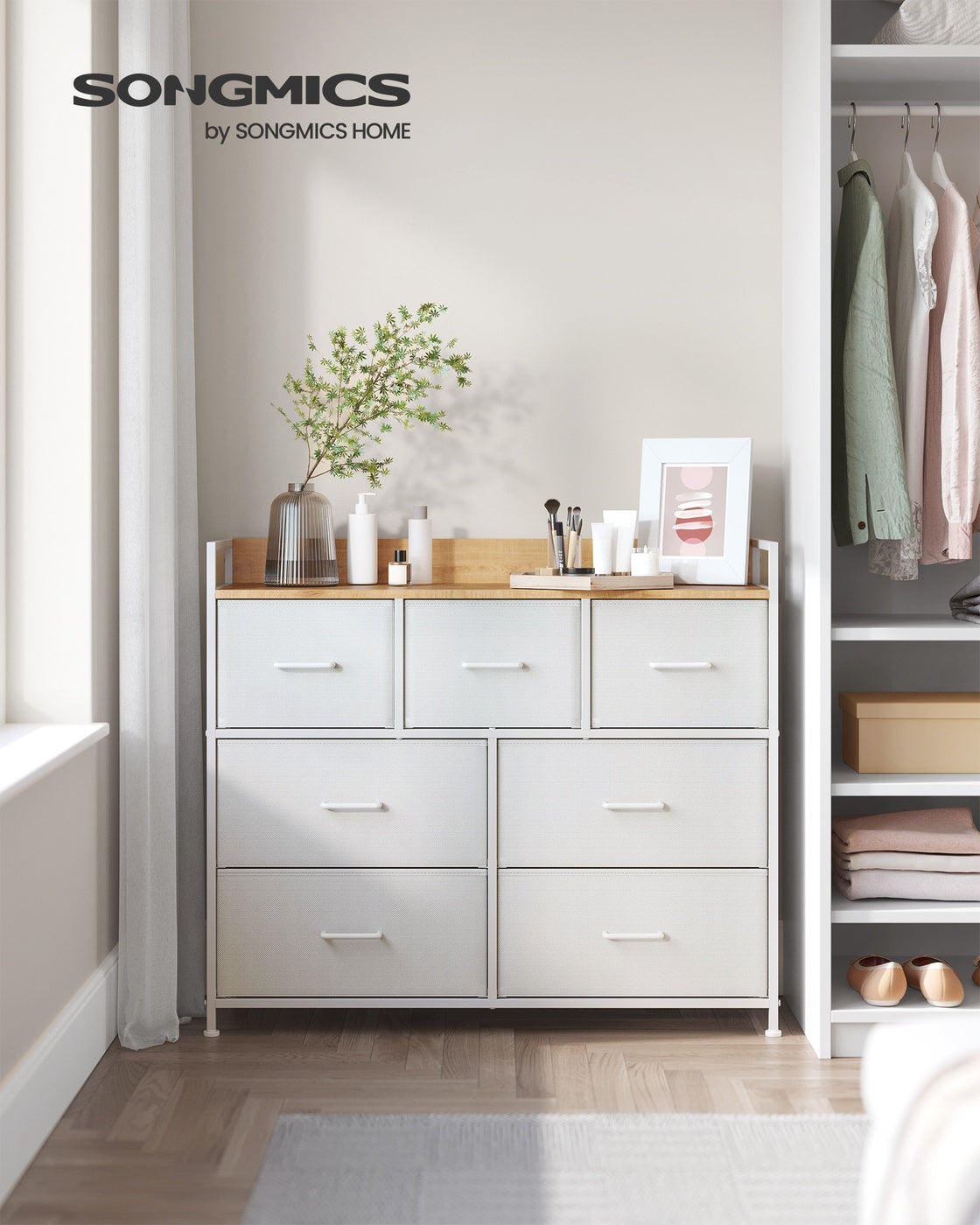 Chest of Drawers, 7 Drawers - Wood and Steel - White and Beige