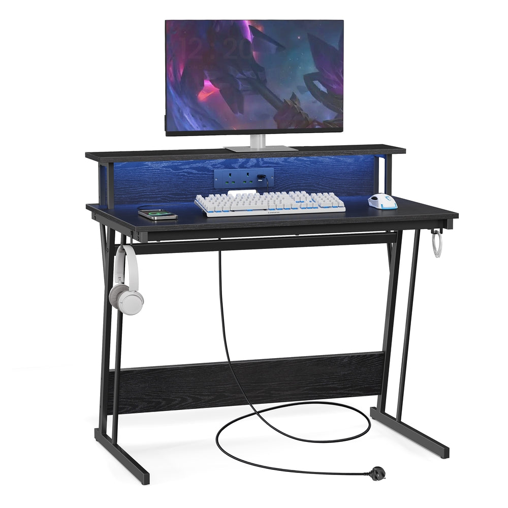 Gaming Desk - Wood and Steel - Ebony Black - with LED Lights