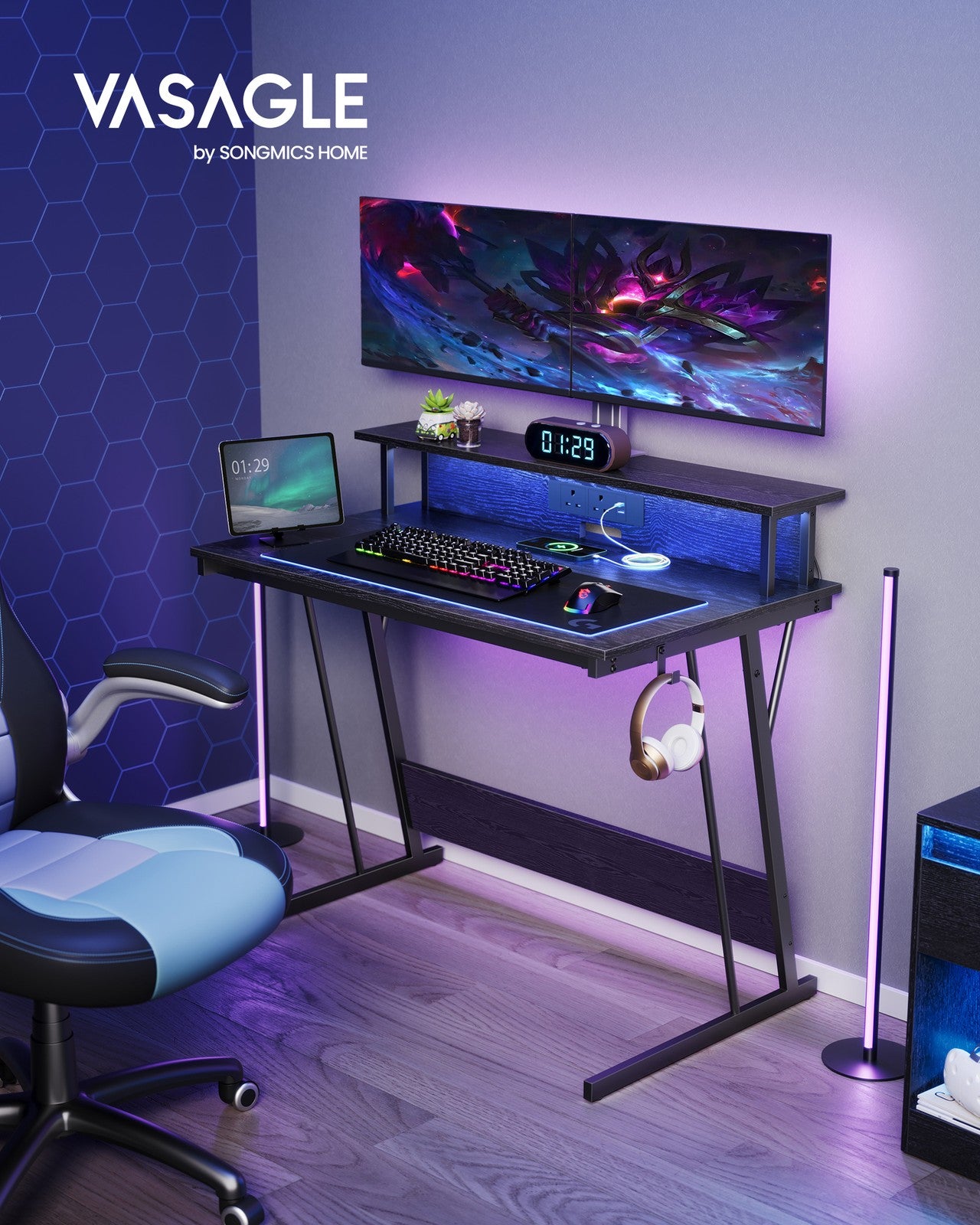 Gaming Desk - Wood and Steel - Ebony Black - with LED Lights