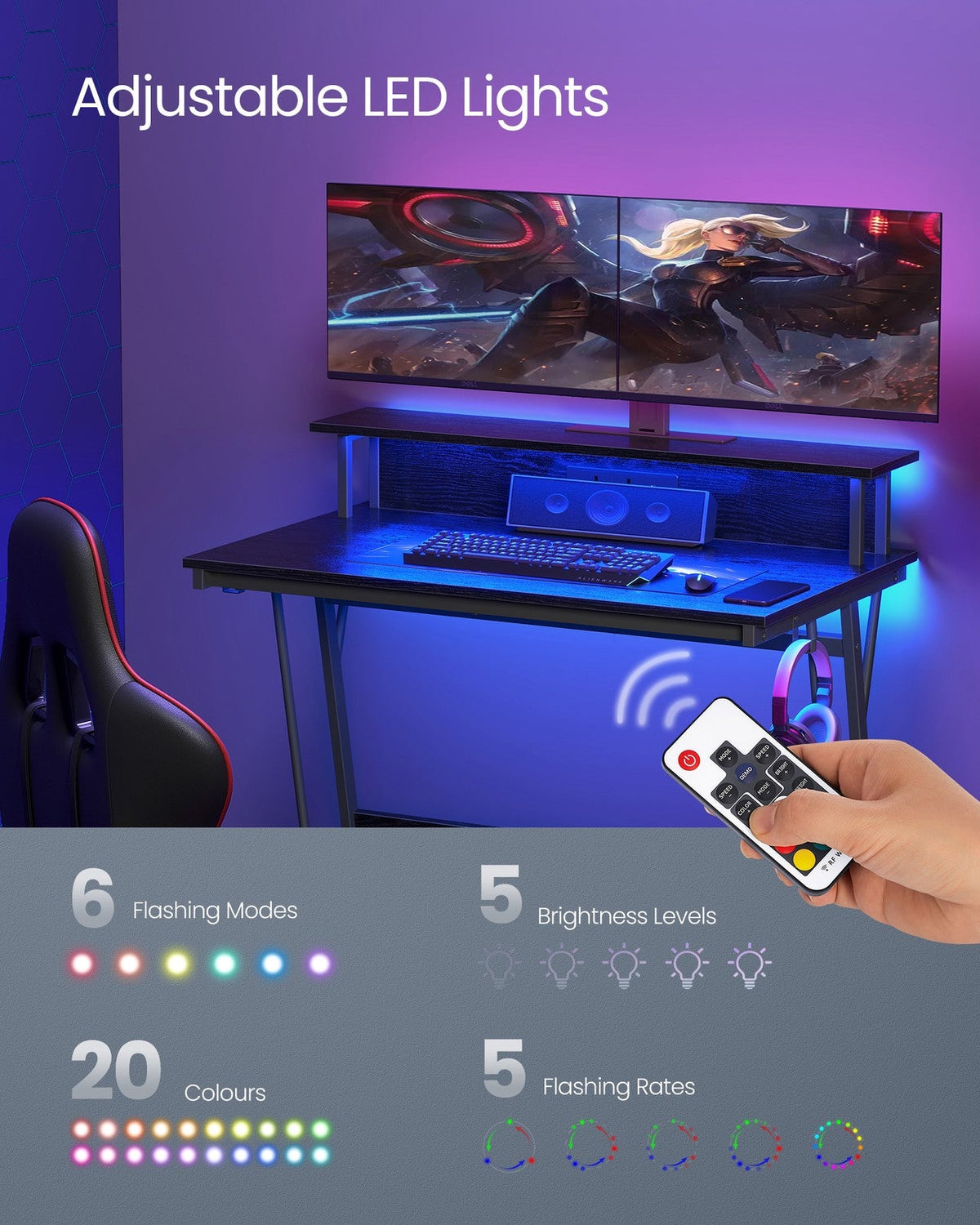 Gaming Desk - Wood and Steel - with LED Lights - Ebony Black