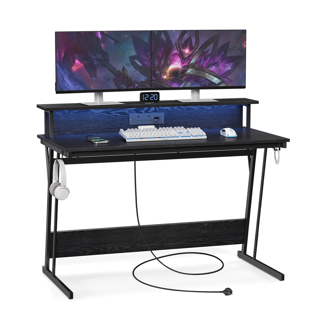 Gaming Desk - Wood and Steel - Ebony Black - with LED Lights
