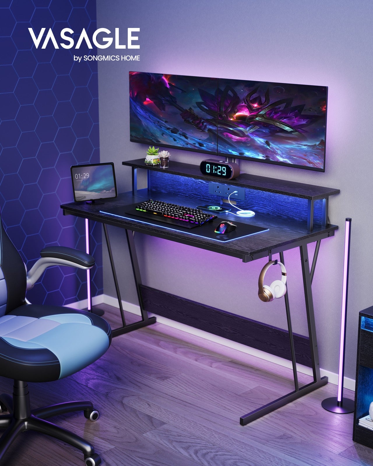 Gaming Desk - Wood and Steel - Ebony Black - with LED Lights