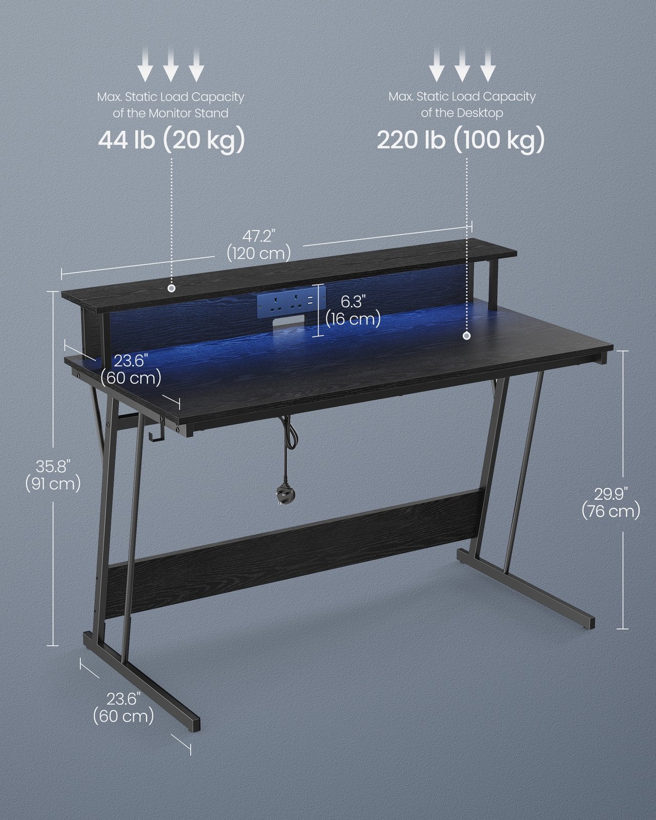 Gaming Desk - Wood and Steel - Ebony Black - with LED Lights