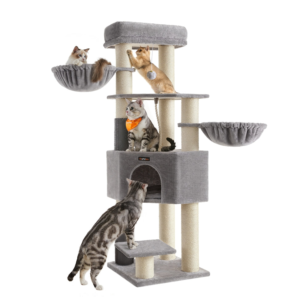 Heavy-Duty Cat Tower - Wood and Plush - Dove Grey