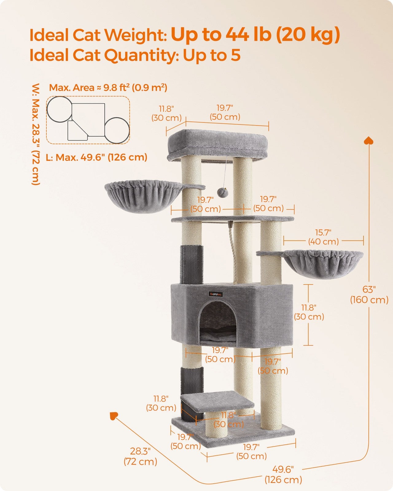 Heavy-Duty Cat Tower - Wood and Plush - Dove Grey