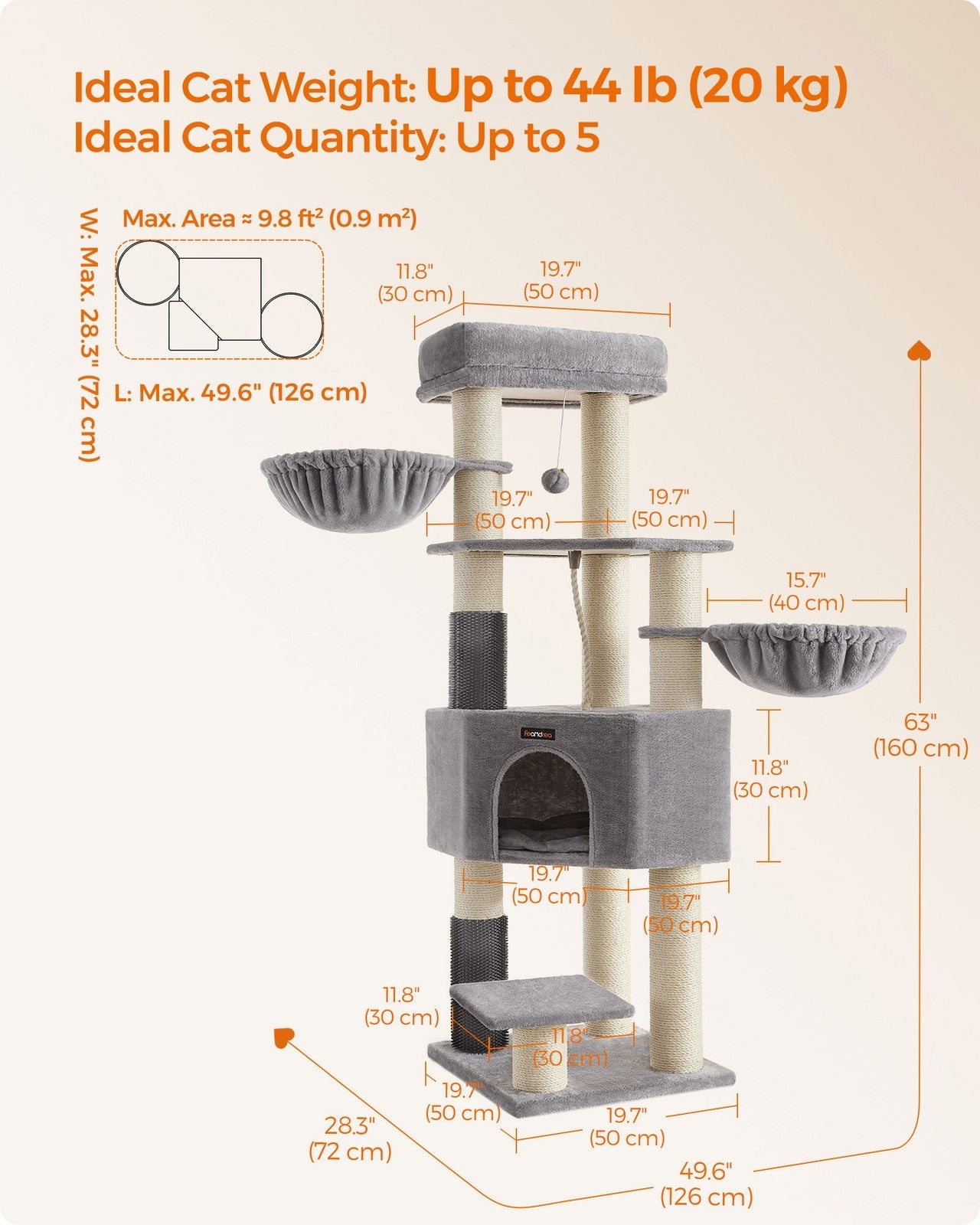 Heavy-Duty Cat Tower - Wood and Plush - Dove Grey