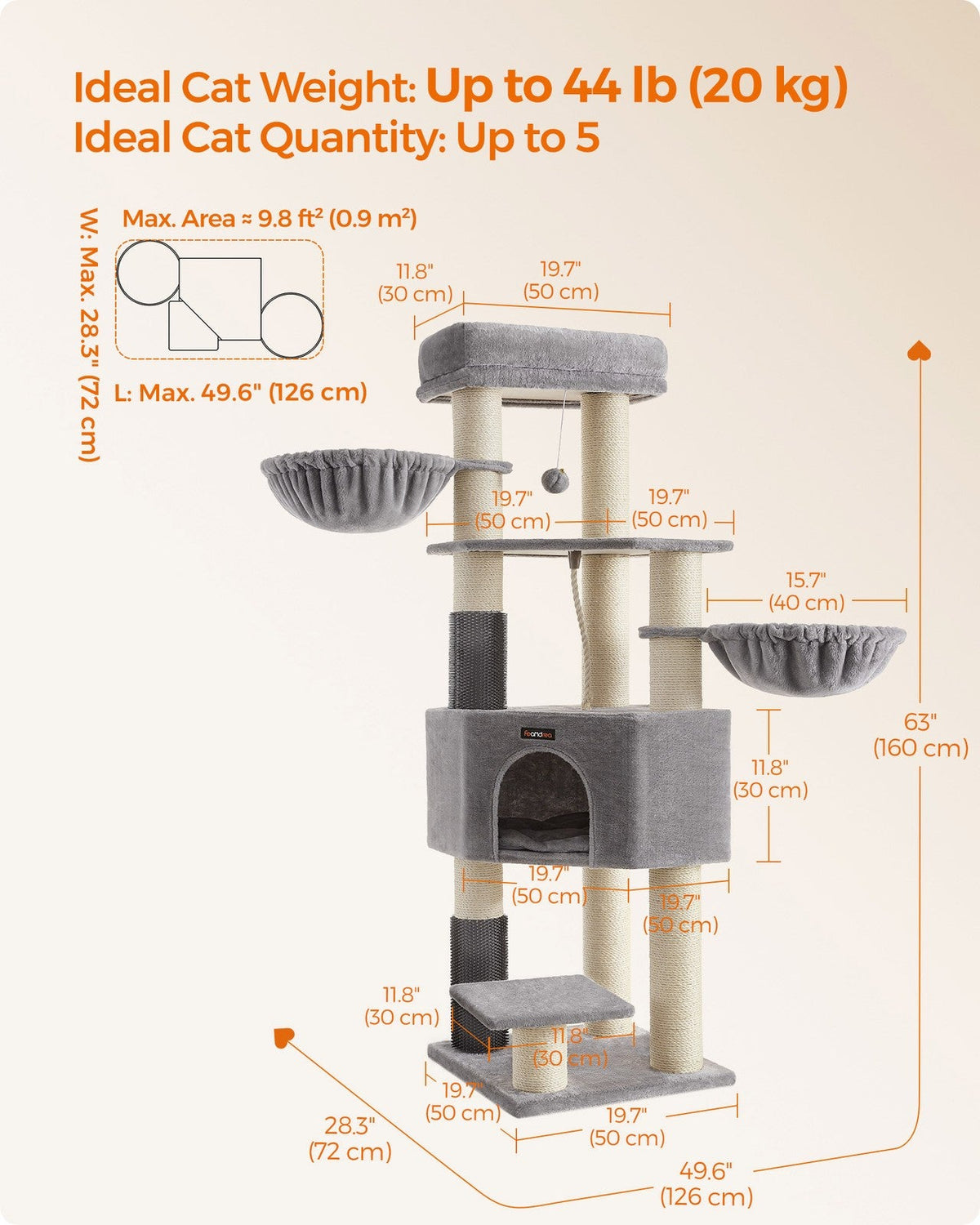 Heavy-Duty Cat Tower - Wood and Plush - Dove Grey