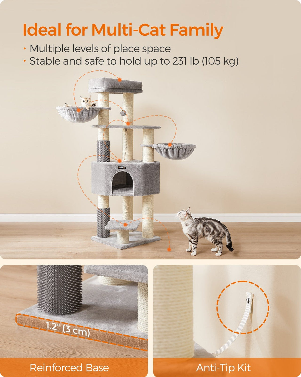 Heavy-Duty Cat Tower - Wood and Plush - Dove Grey