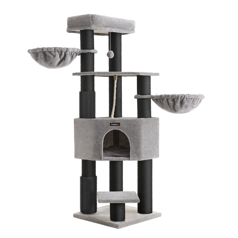 Heavy-Duty Cat Tower - Wood and Plush - Dove Grey