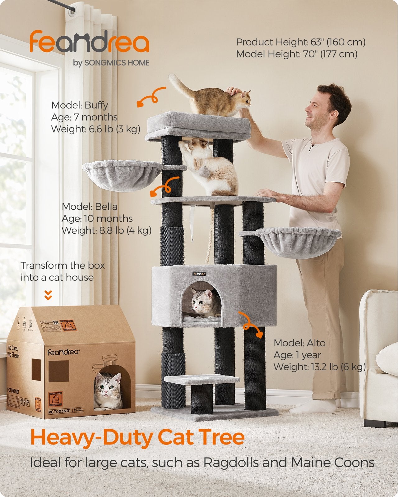 Heavy-Duty Cat Tower - Wood and Plush - Dove Grey