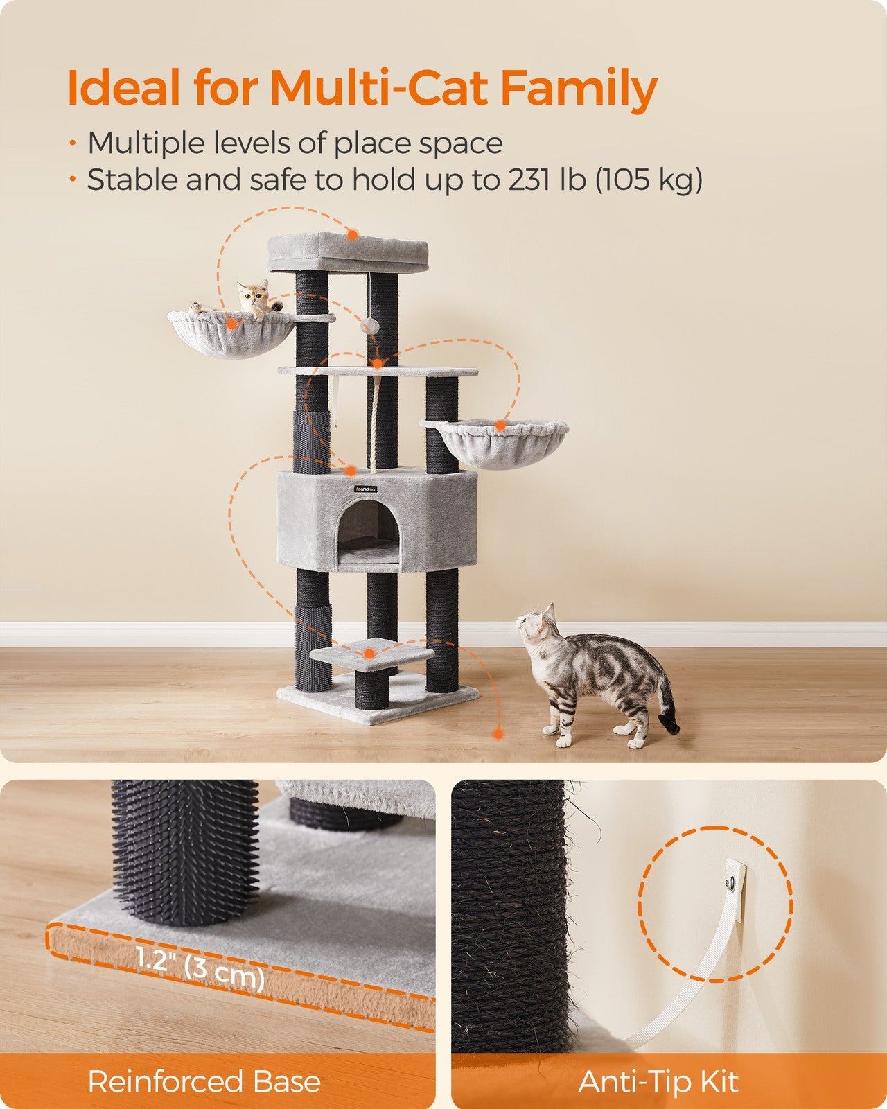 Heavy-Duty Cat Tower - Wood and Plush - Dove Grey