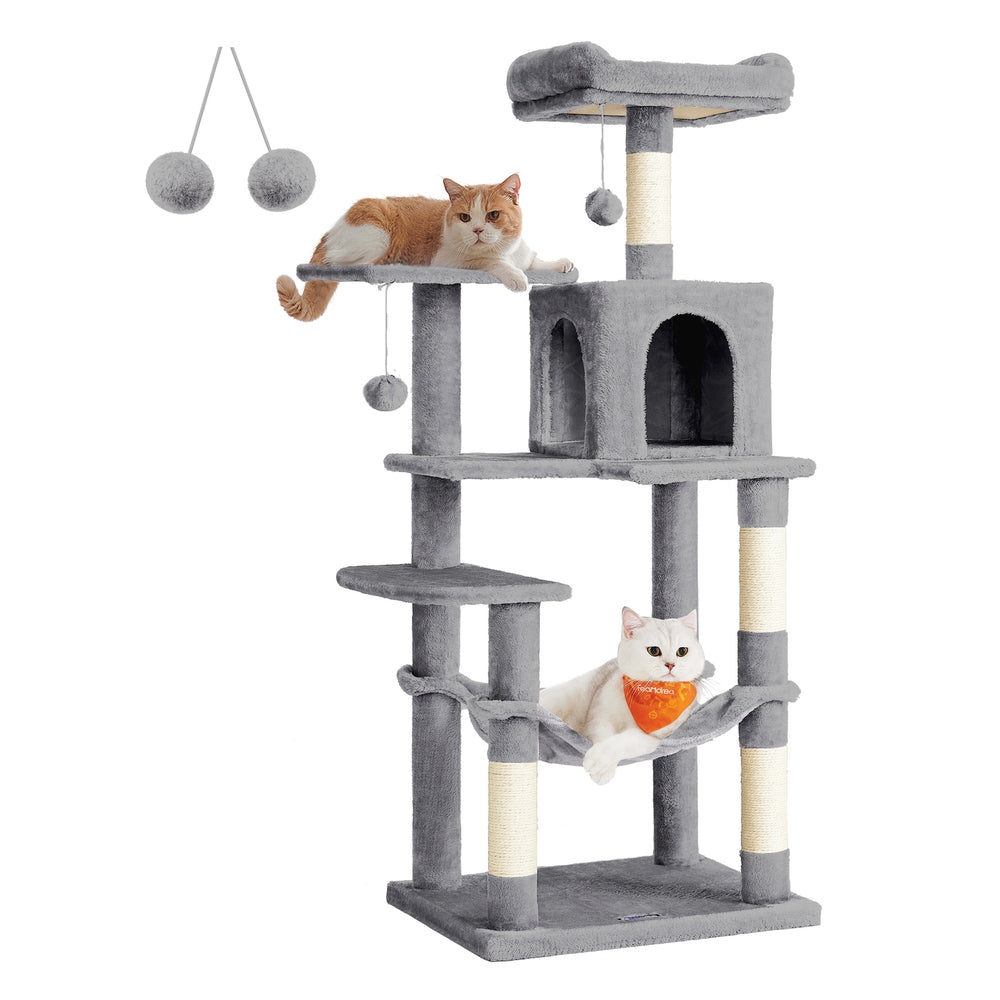 Grey Cat Condo - Wood and Plush Fabric - Light Grey