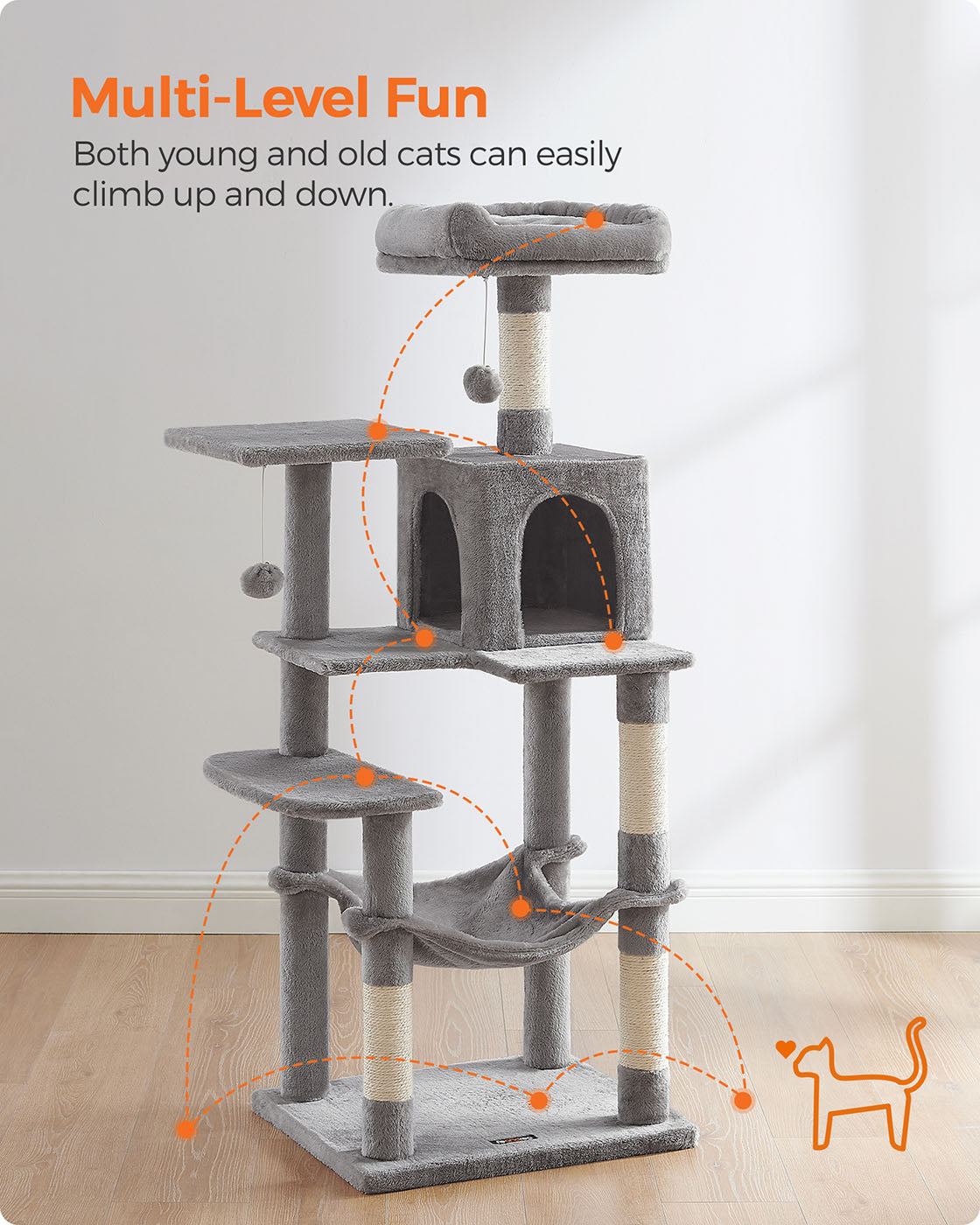 Grey Cat Condo - Wood and Plush Fabric - Light Grey