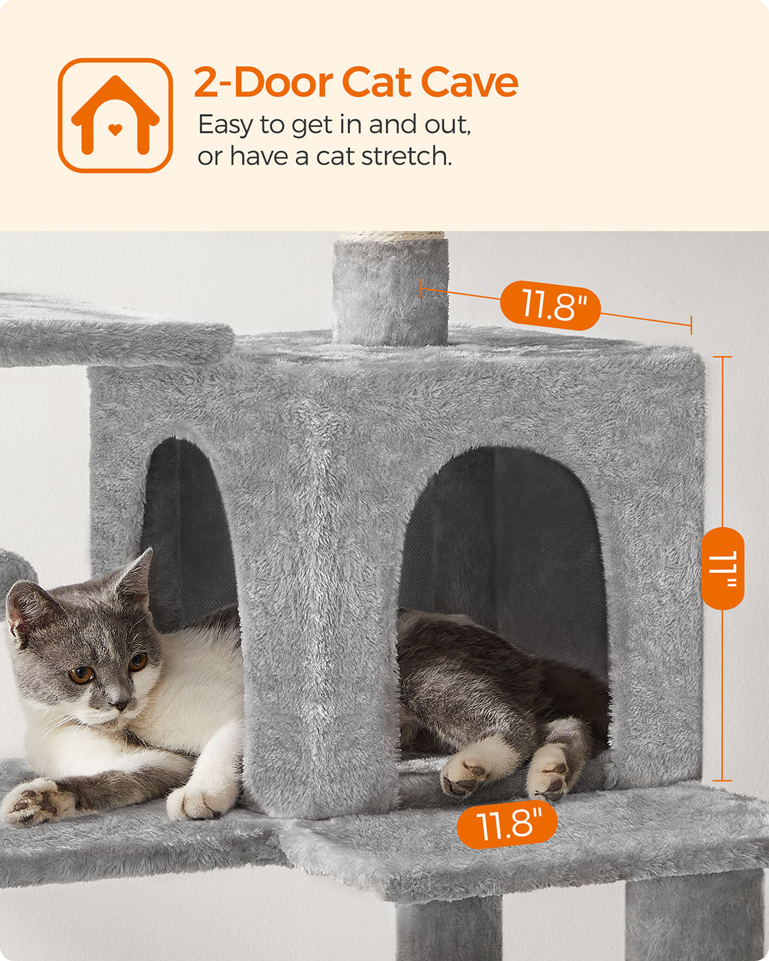 Grey Cat Condo - Wood and Plush Fabric - Light Grey