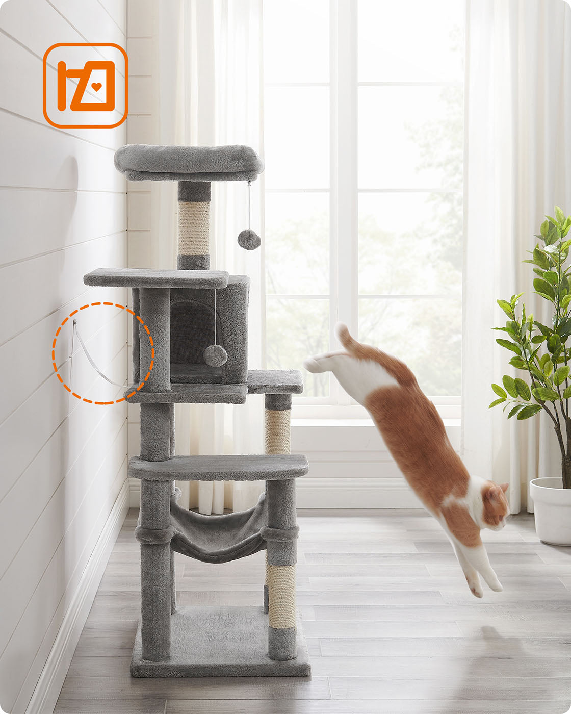 Grey Cat Condo - Wood and Plush Fabric - Light Grey