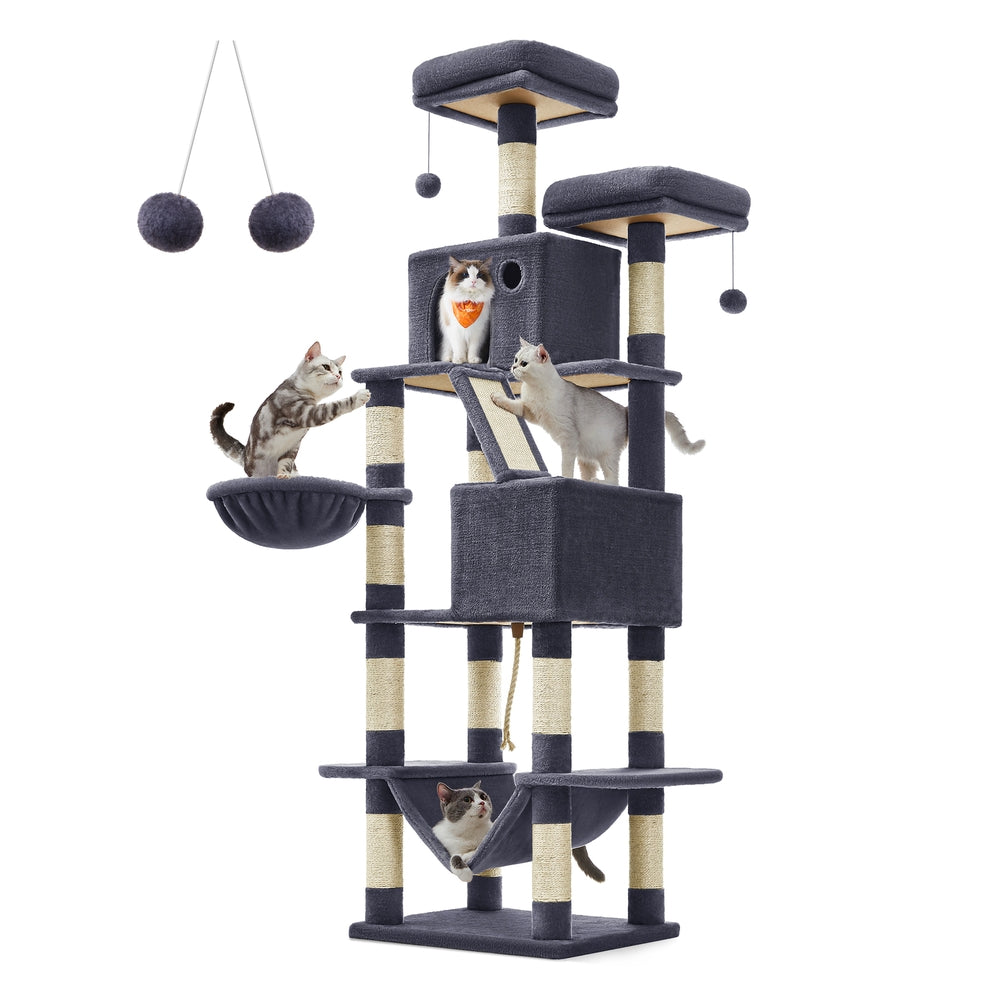 Large Cat Tower - Wood and Plush - Smoky Grey