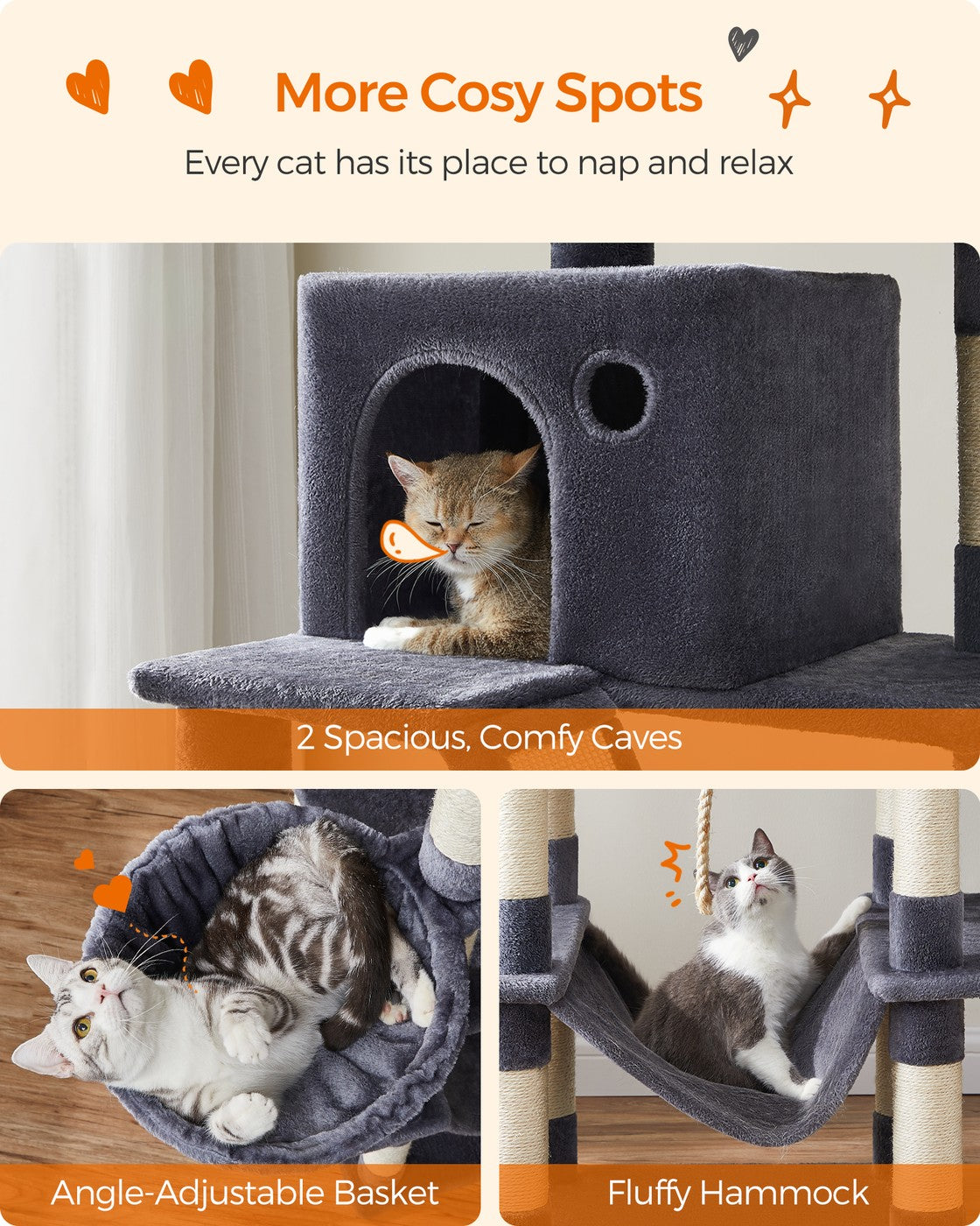 Large Cat Tower - Wood and Plush - Smoky Grey