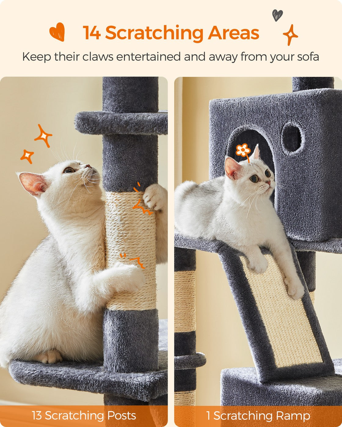Large Cat Tower - Wood and Plush - Smoky Grey